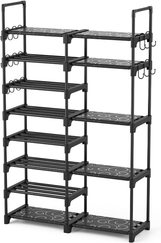 Photo 1 of  Shoe Rack Organizer, 8-Tier Metal Shoe Rack for Closet Entryway Garage, 26-32 Pairs Tall Shoe Boot Storage Shelf with 15 Hooks, Stackable Large Shoe Stand