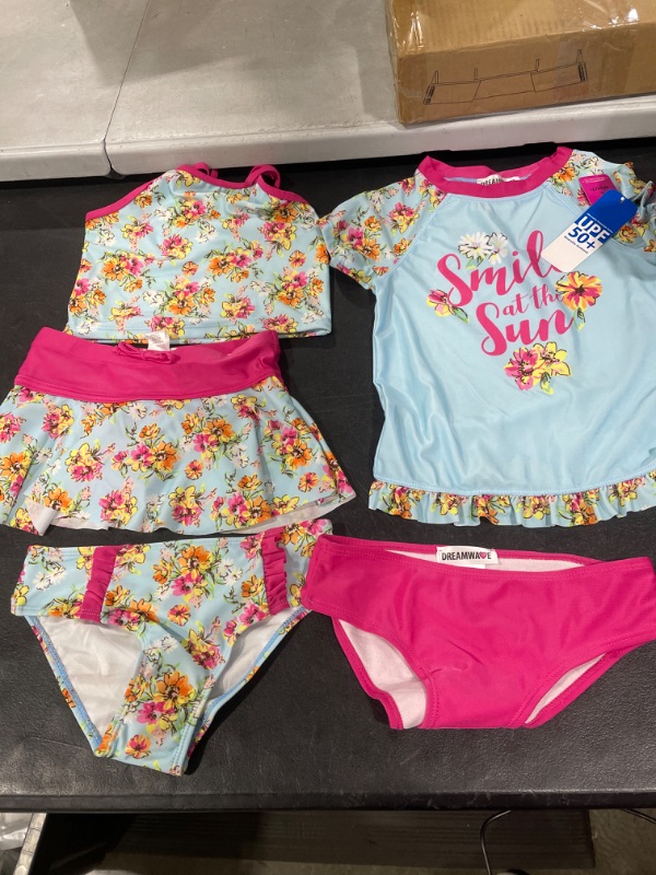 Photo 2 of Dreamwave Toddler and Big Girl 5 Piece Swimsuit Set: Rash Guard Tankini Skort One-Piece Bottom 5-6 Floral S19