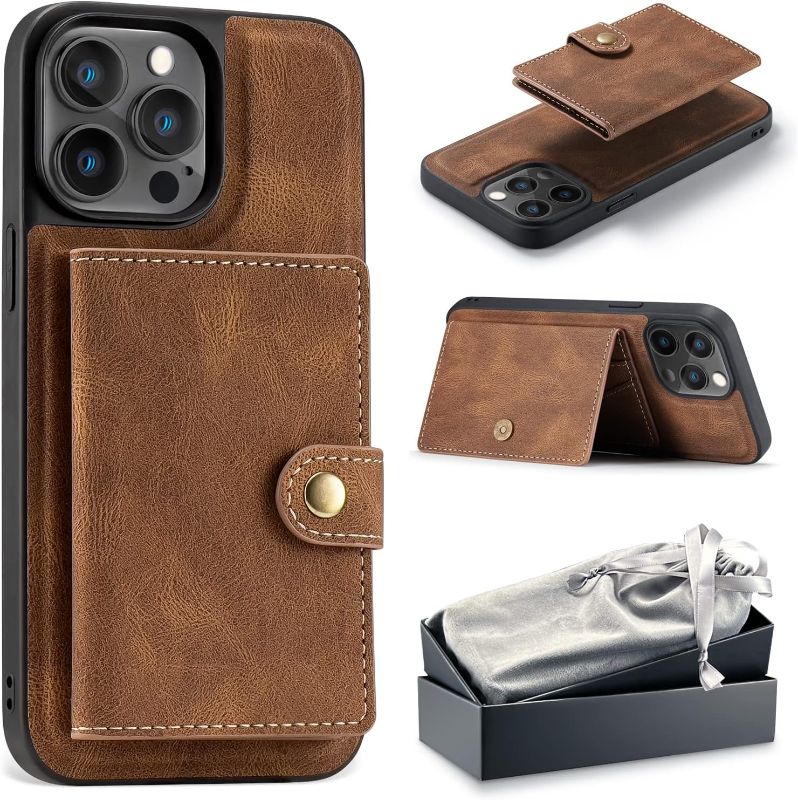 Photo 1 of Dff.hawzziiun Detachable Wallet Leather Case for iPhone, Card Holder Back Cover Pocket Slim Wireless Charging Kickstand, Brown iPhone 13 Pro