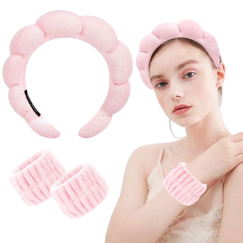 Photo 1 of 3Pcs Sponge Spa Headband for Washing Face Makeup Headband for Women Terry Cloth Headband and Wristband Set Skincare Headband for Makeup Removal Puffy Spa Headband for Shower Hair Accessories?Pink?