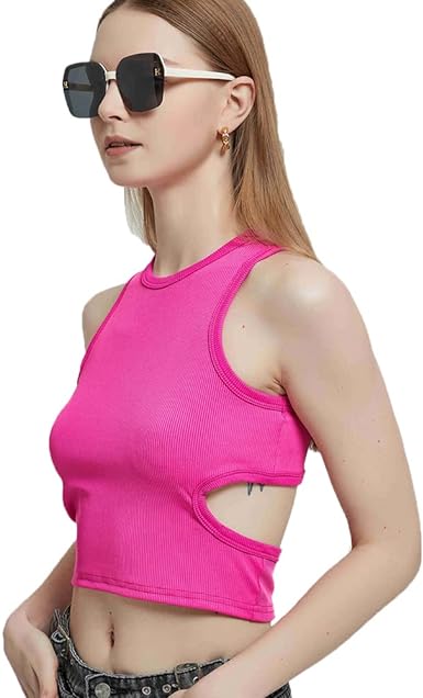 Photo 1 of Casual Tank Tops for Women Cropped Basic Tank Tops for Women Ribbed Backless Workout Tops Women size large color pink