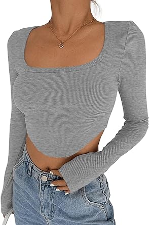 Photo 1 of Dokotoo Womens Square Neck Long Sleeve Crop Tops Sexy Slim Fit Ribbed Workout Casual Basic Tees T-Shirt size XL