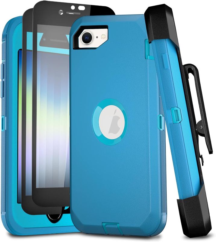 Photo 1 of GYJ iPhone SE Case 2022/2020 4.7" with Belt Clip Holster Kickstand & 2 Screen Protector, Heavy Duty Military Grade Full Protection Cover for SE 2nd/3rd Gen (Blue+Clip) 