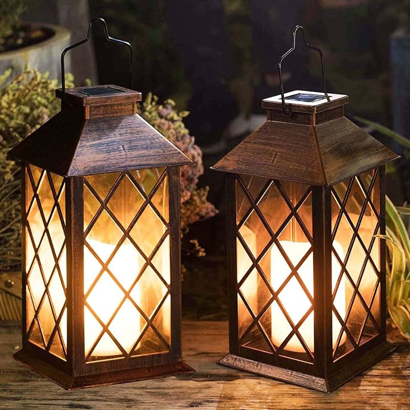 Photo 1 of [2 Pack] TAKE ME 14" Solar Lantern Outdoor Garden Hanging Lantern Waterproof LED Flickering Flameless Candle Mission Lights for Table,Outdoor, Christmas Gifts