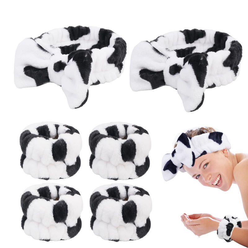 Photo 1 of Fancylovesotio Spa Headband and Wrist Washband Face Wash Headband Set,Reusable Soft Makeup Headband Fleece Skincare Headbands for Washing Face Cow