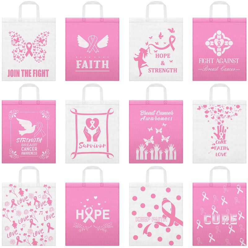 Photo 1 of 24 Pack Breast Cancer Awareness Pink Gift Bags Breast Cancer Tote Bags with Handle Ribbon Pink Party Favor Bags Breast Cancer Decorations for Party Pink Treat Bags, 12 Designs 16 x 13.8 inch