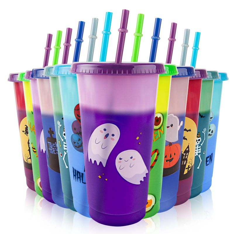 Photo 1 of 12 Pack Halloween Color Changing Cups with Lids and Straws, 24 oz Plastic Tumblers with Lids and Straws Bulk For Halloween Party Supplies, Reusable Cups For For Adults Kids Women, Halloween Cups Bulk