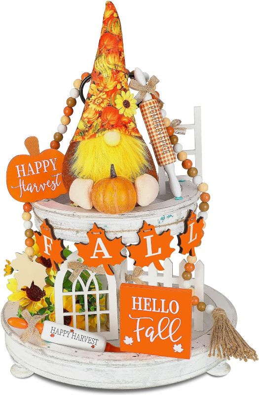 Photo 1 of Bucherry 10 Pcs Fall Tiered Tray Decor Set, Hello Fall Wooden Signs Happy Harvest Decor Fall Banner Farmhouse Mini Rolling Pins Plush Gnome Wooden Bead Garland for Home Kitchen Tabletop Decorations