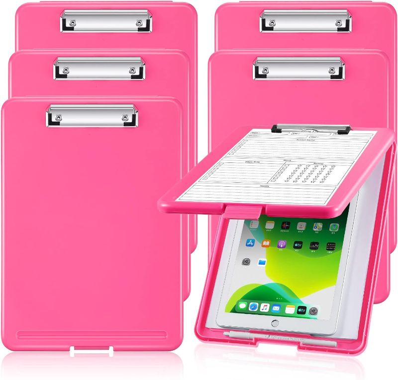 Photo 1 of Teling 6 Pcs Clipboard with Storage Heavy Duty A4 Clip Board Nursing Clipboard with Pen Holder Waterproof Foldable Plastic Clipboard with Storage for School Hospital Office (Pink)