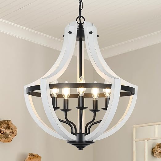 Photo 1 of 19.2" Modern Farmhouse Light Fixtures Chandelier, 5-Light Dining Room Light Fixtures Over Table, White Wood Chandeliers for Kitchen Island Bedroom Foyer, Rustic Pendant Hanging Light,Height Adjustable