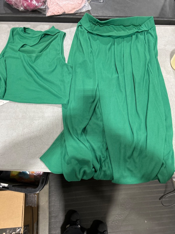 Photo 2 of BTFBM Women 2 Piece Outfits Spring Summer Tracksuits Mock Neck Sleeveless Cutout Crop Top Wide Leg Long Pants Sweatsuits Large Solid Green