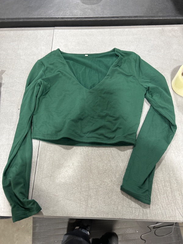 Photo 2 of Artfish Women Long Sleeve Stretchy Crop Top Sexy Slim Fitted Fleece Lined Cropped Shirts 04#dark Green Large