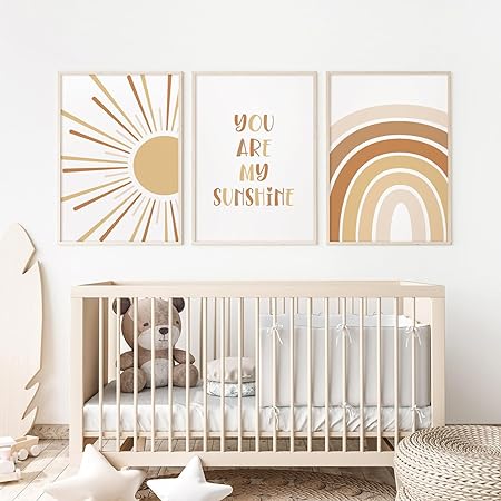 Photo 1 of Boho Nursery Wall Art Baby Girl Wall Decor Kids Rainbow Canvas Wall Art You Are My Sunshine Pictures Toddler Sun Prints Nursery Artwork for Room Bedroom Set of 3 16x24 Inch Unframed 