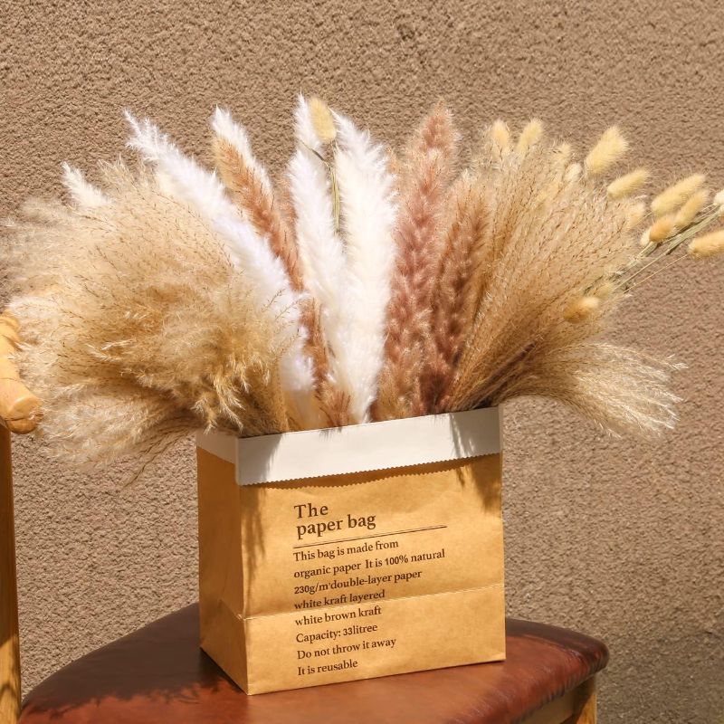 Photo 1 of 130pcs Artificial Flower Dried Grass Decor, Includes Dried White Pampas Grass 20 Pcs|Brown Dried Flower 20 Pcs|30 Pcs Natural Dried Reed|60 Pcs Natural Bunny Tails for Home Arrangement
