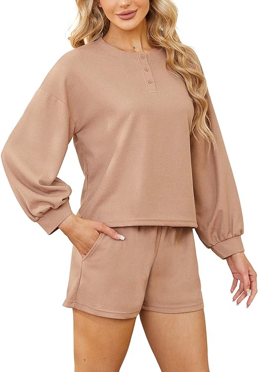 Photo 1 of HEARTNICE Womens Matching Waffle Knit Lounge Sets Long Sleeve Top and Shorts Loungewear Casual Outfit Sets
