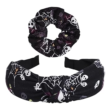 Photo 1 of Ardorchid Halloween Headbands Skull Skeleton Hair Scrunchies for Women Girls Set Halloween Gifts Hair Accessories Black Halloween Hair Hoop 2PCS 