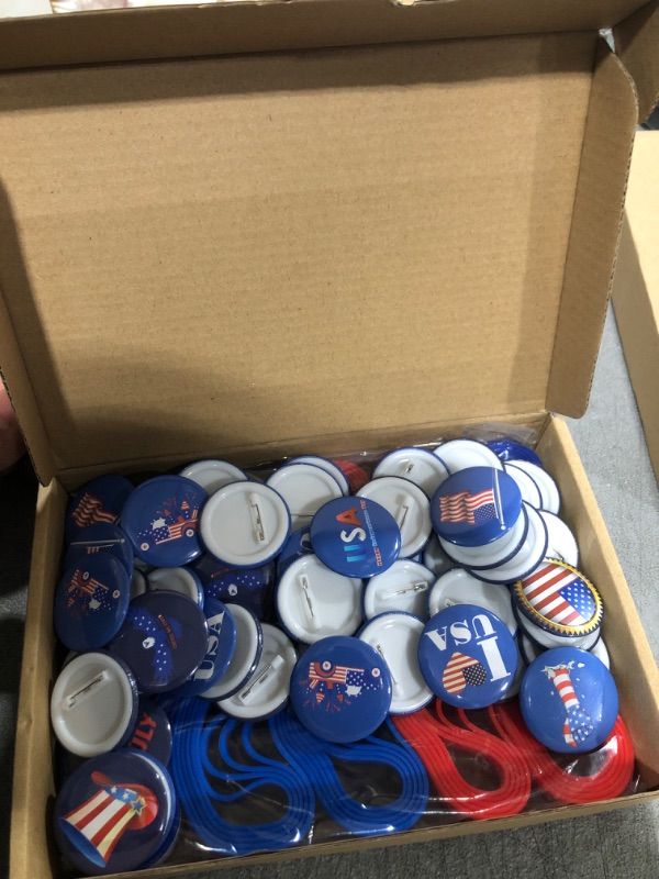 Photo 2 of 100 Pcs Patriotic Party Favors, Included 50 Pack American Flag Silicone Bracelet and 50 Pack Patriotic Buttons Badges Pins Independence Day Decorations for July Fourth Patriotic Veterans Memorial Day
