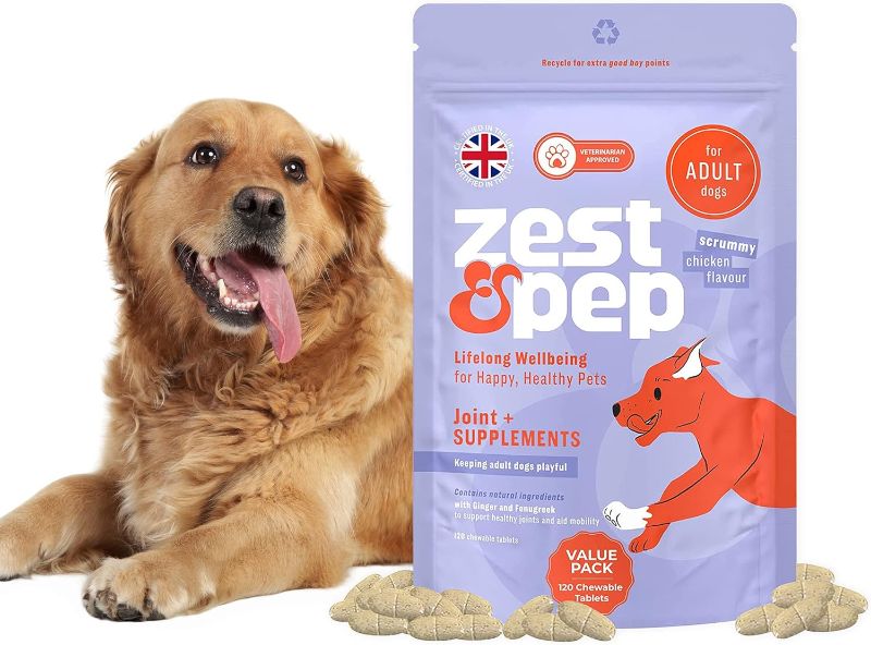 Photo 1 of Zest & Pep, Hip & Joint+ Supplements for Dogs - Dog Supplements, Dog Joint Aid - Turmeric & Glucosamine for Dogs - Dog Supplements for Joint Support & Mobility - Adult Dogs (120 Tablets) exp 12/2024