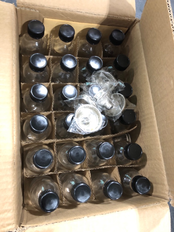 Photo 2 of 24, 2 oz Small Clear Glass Bottles (60ml) with Lids & 3 Stainless Steel Funnels - Boston Round Sample Bottles for Potion, Juice, Ginger Shots, Whiskey, Liquids - Mini Travel Bottles, NO Leakage