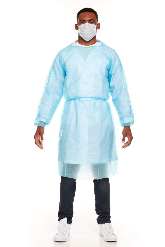 Photo 1 of 10 Pack Blue PP Coat Aprons. Disposable. Unisex Liquid-Proof Workwear. Protective Uniform with Elastic Cuff