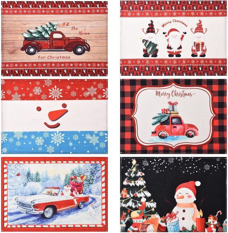 Photo 1 of 2 SETS- Christmas Placemats, 12x18 Inch Seasonal Winter Xmas Christmas Holiday Snowman Table Mats for Party Kitchen Dining Decor Different Christmas Styles (Set of 6) 