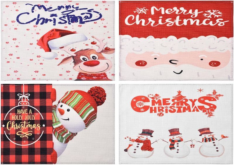 Photo 1 of 2 PACK- Christmas Placemats, 12x18 Inch Seasonal Winter Xmas Christmas Holiday Snowman Tree Truck Red Buffalo Plaid Table Mats for Party Kitchen Dining Decor Different Christmas Styles (Set of 4)