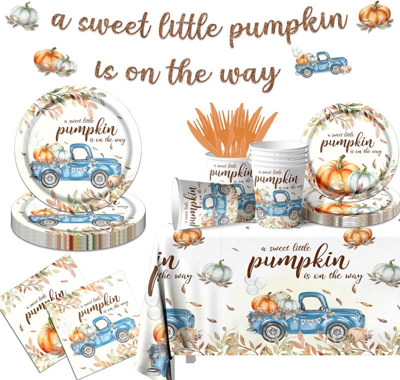 Photo 1 of 142Pcs Little Pumpkin Baby Shower Decorations, A Sweet Little Pumpkin is On The Way Plates and Napkins Fall Blue Little Pumpkin Baby Shower Decorations for Boy Birthday party Tableware Supplies- STOCK PHOTO FOR REFERENCE ONLY