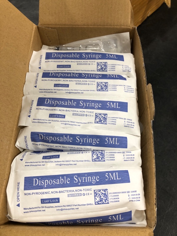 Photo 2 of BH Supplies 5mL Luer Lock Tip Syringes (No Needle) - Sterile, Individually Wrapped - 100 Syringes 5 mL - Luer Lock 100.0