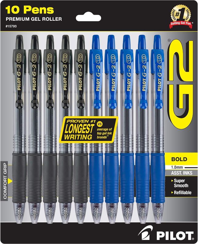 Photo 1 of Pilot G2 Bold, Premium Gel Pens, Bulk Pack Of 10 Pilot G2 Pens, 5 Black G-2 & 5 Blue Ink, 1.0mm Medium Point, Retractable Rolling Ball, Office & School Pens for Women & Men.