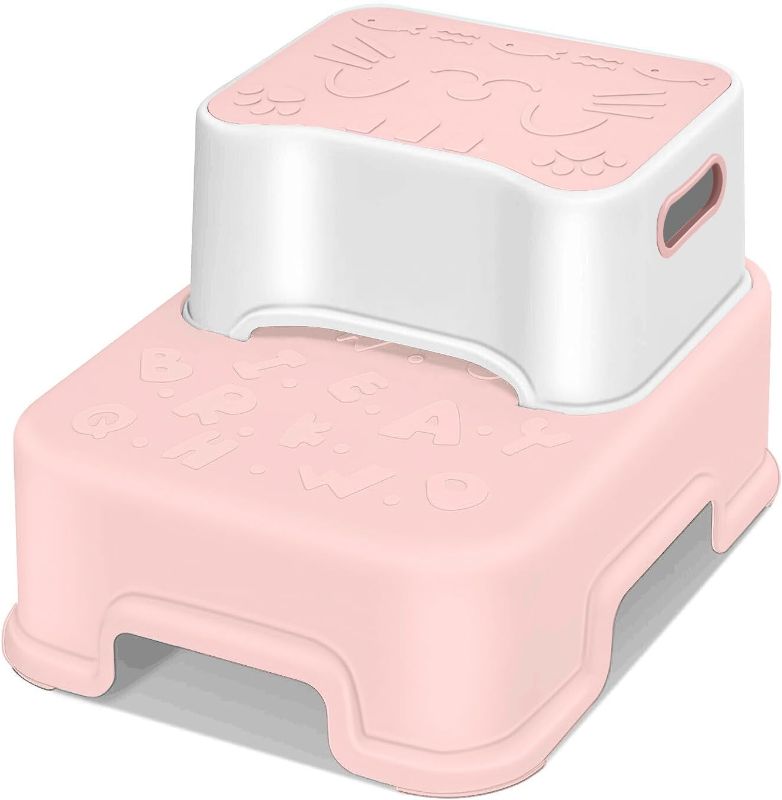 Photo 1 of 2 Step Stool for Kids and Toddler,Anti-Slip Sturdy Bathroom Toilet Step Stools,Double up Step Stool with Soft Grips,for Potty Training,Sink,Kitchen(Pink)
