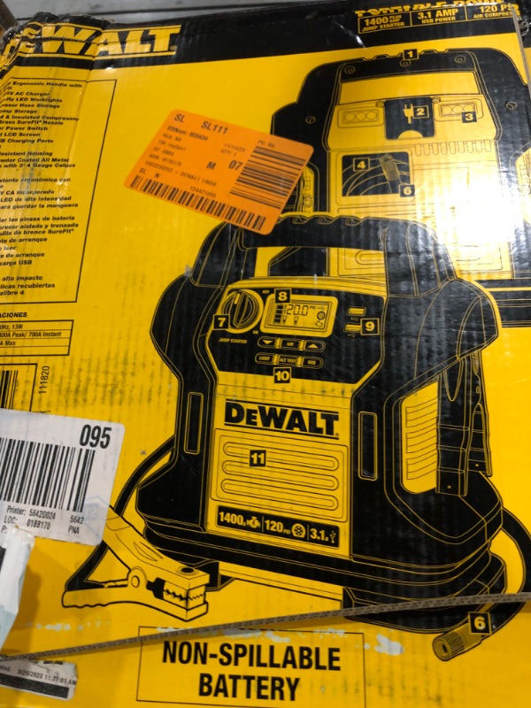 Photo 3 of DEWALT DXAEJ14 Digital Portable Power Station Jump Starter: 1400 Peak/700 Instant Amps, 120 PSI Digital Air Compressor, 3.1A USB Ports, Battery Clamps , Yellow