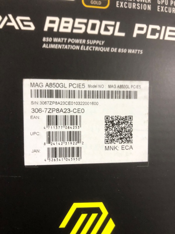 Photo 5 of MSI MAG A850GL PCIE 5 & ATX 3.0 Gaming Power Supply - Full Modular - 80 Plus Gold Certified 850W - Compact Size - ATX PSU 850W (PCIE 5) MAG A850GL PCIE5