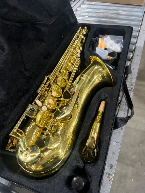 Photo 2 of Glory Gold Laquer B Flat Tenor Saxophone with Case,10pc Reeds,Mouth Piece,Screw Driver,Nipper. A pair of gloves, Soft Cleaning Cloth.