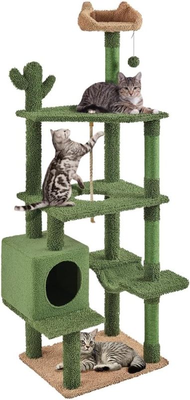 Photo 1 of  Cactus Cat Tree, 70.5in Cat Tower for Indoor Cats, Multi-Level Cat Condo with Scratching Posts, Cat Climbing Tower Play House Furniture w/Hanging Ball, Perch, Platform, Green/Brown