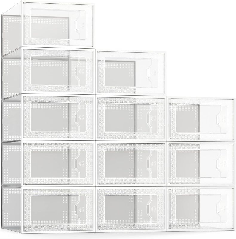 Photo 2 of  Large 12 Pack Shoe Storage Box, Clear Plastic Stackable Shoe Organizer for Closet, Space Saving Foldable Shoe Rack Sneaker