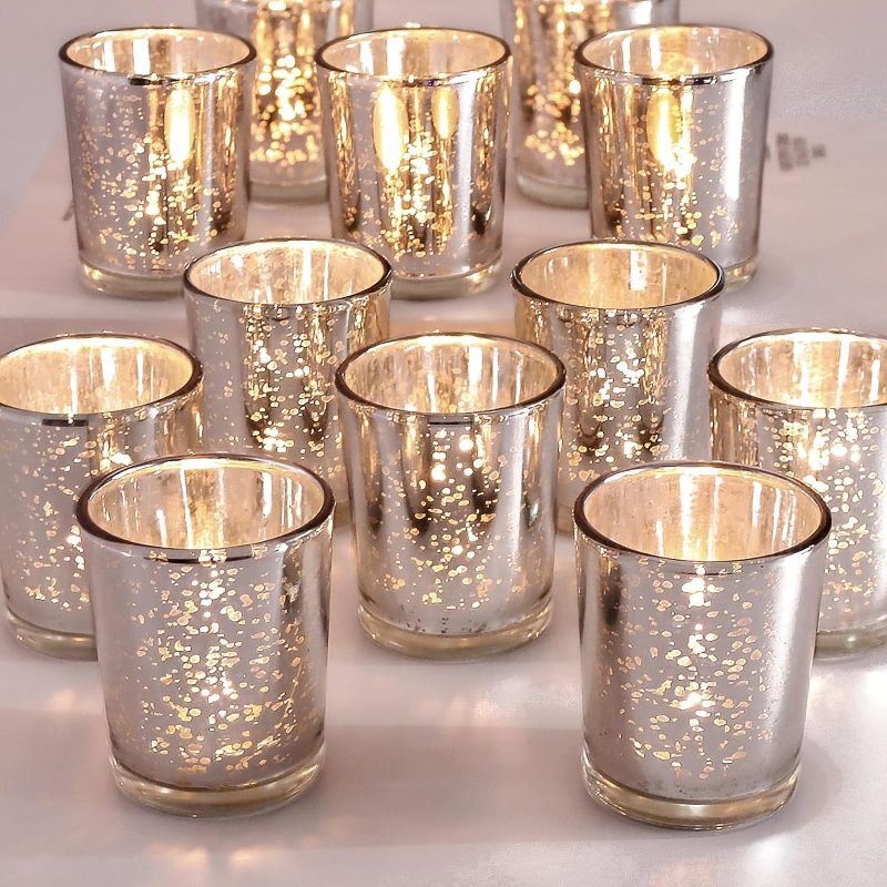 Photo 1 of 24pcs Glass Silver Votive Candle Holders Bulk,Centerpiece Candle Holder for Dining Table Mercury Glass Tealight Candle Holder Perfect Centerpieces for Wedding,Party,Home Decor