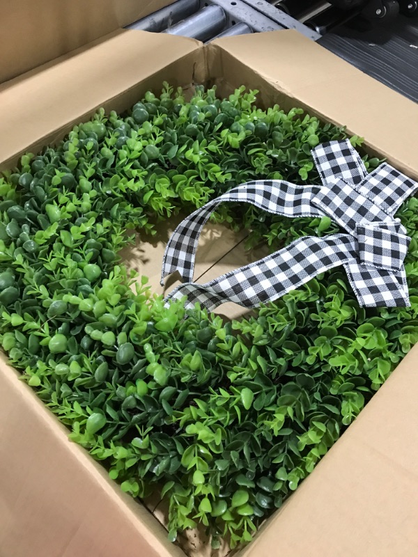 Photo 2 of 23" Faux Round Boxwood Wreath, Vlorart Artificial Boxwood Wreath Front Door Wreaths Artificial Spring Summer Greenery Hanging with A Plaid Bow for Front Door Wall Hanging Window Wedding Party Decor 23inch