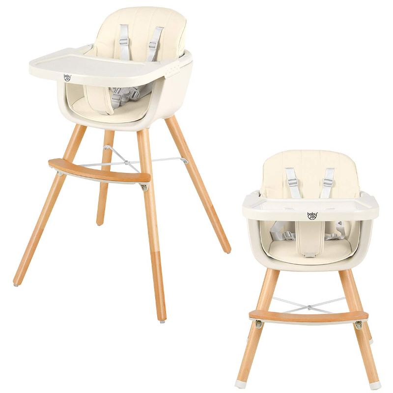 Photo 1 of  Convertible Baby High Chair, 3 in 1 Wooden Highchair/Booster/Chair with Removable Tray, Adjustable Legs, 5-Point Harness, PU Cushion and Footrest for Baby, Infants, Toddlers (Beige)
