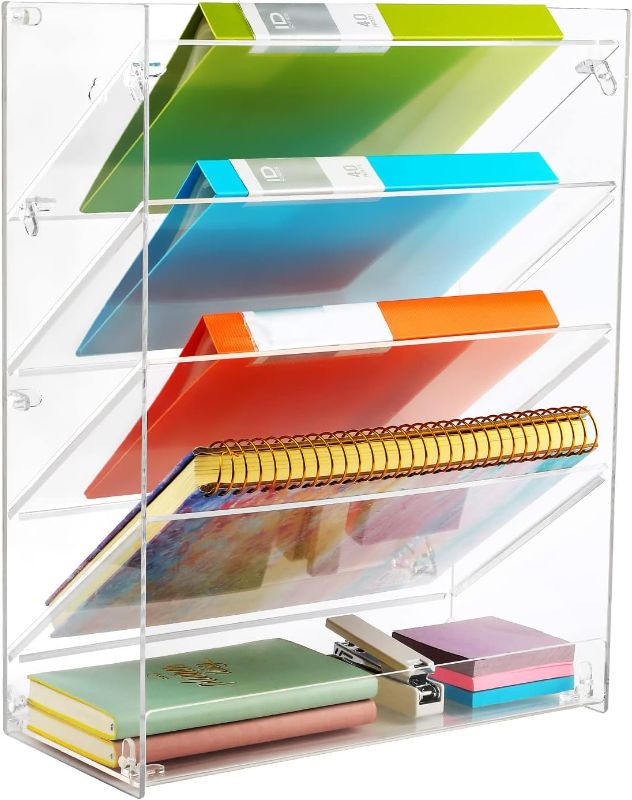 Photo 1 of MaxGear Hanging Wall File Organizer, Clear Acrylic Wall File Holder 5 Tier, Vertical Wall Mount Mail and Document Organizer, Magazine Literature Rack with Bottom Flat Tray, Suit for Home Office
