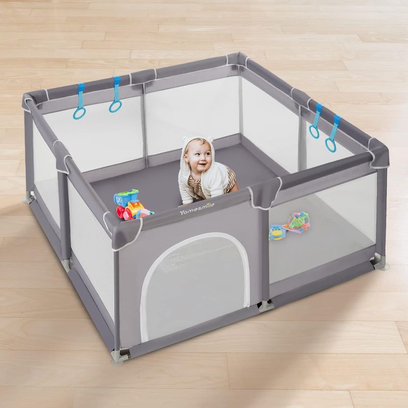 Photo 1 of Baby Playpen with Mat 71 x 59 inch Baby Playpen for Babies and Toddlers, Extra Large Baby Playyard for Indoor & Outdoor Activity, with Soft Breathable Mat & 4 Pull Rings for Kids Center (Gray)
