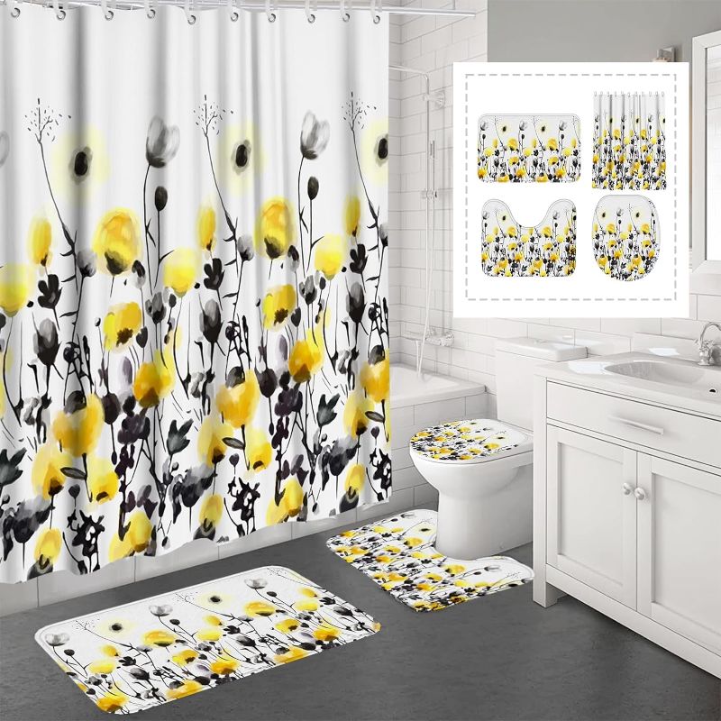 Photo 1 of 4 Pcs Yellow Bluebells Shower Curtain Set with Non-Slip Rugs, Toilet Lid Cover and Bath Mat, 72”x72” Shower Curtains for Bathroom, Durable Waterproof Bathroom Curtains Shower Set with 12 Hooks
