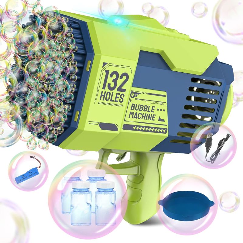 Photo 1 of 132 Holes Bubble Gun Toys, Rocket Launcher Bubble Blower Toy, Portable Bubble Machine with Colorful Light, Big Bubble Maker for Outdoor Indoor Games, Bubbles Machine for Wedding Birthday Gifts (Green)