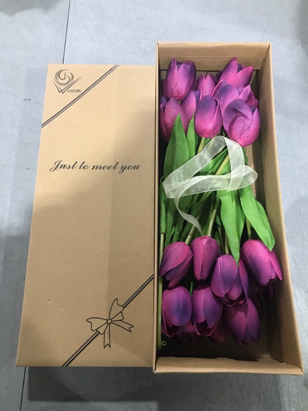 Photo 2 of ZSHCONG 24pcs Tulips Artificial Flowers 17.5”Length Half Open Real Touch Pu Fake Flowers Odorless Gift Box Package for Home Decorations Centerpieces Arrangement Wedding Bouquet (Dark Purple)