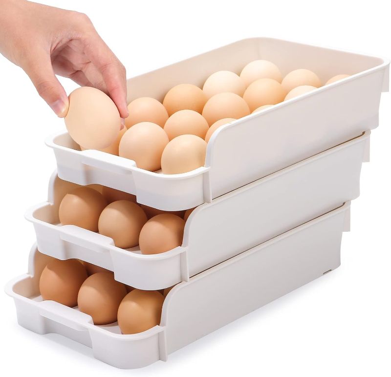 Photo 1 of 3Pc Stackable Egg Holder for Refrigerator Large Capacity Egg Storage Container for Refrigerator Fridge Egg Fresh Storage Box Plastic Egg Tray for Refrigerator, Cabinets, Countertops. (3)