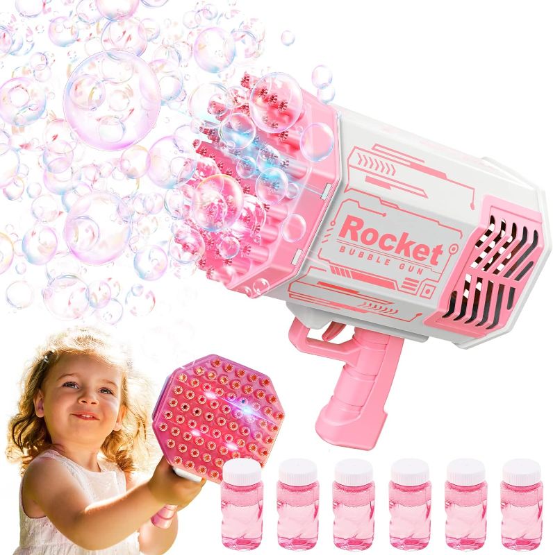 Photo 1 of 69 Holes Rocket Bubble Gun, Bubble Machine Gun Toy with 6 Bottles Bubble Solution, Big Bubbles Guns Toys for Kids Adults Wedding Party Christmas Birthday Present Idea Gift (Pink)