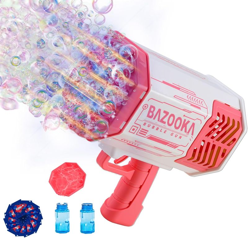 Photo 1 of Bubble Gun Bazooka Bubble Machine Gun 69 Hole Bubble Blaster Blower with Colored Lights Gifts for Kids Adults Outdoor Best TIK Tok Toys for Wedding Birthday Party Pink 