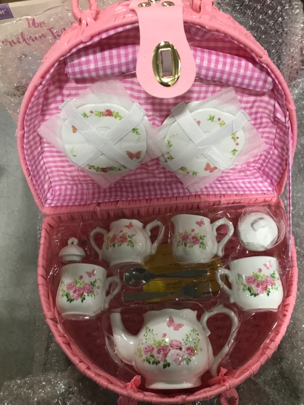 Photo 2 of Jewelkeeper Porcelain Tea Set for Little Girls with Pink Picnic Basket, Floral Design, 18 Pieces