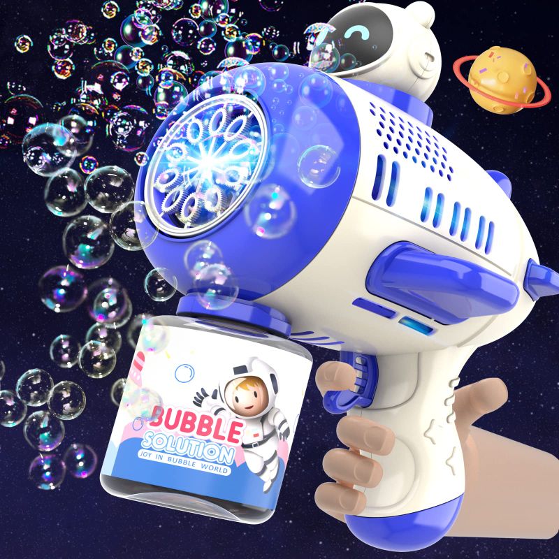 Photo 1 of Aomola Bubble Gun Machine for Kids Toddlers 1-3, 5000+ Bubbles Per Minute with 360°Leak-Proof, Automatic Space Bubble Blower with Led Light for Birthday Party, Outdoor Gift for Boys and Girls (Blue)
