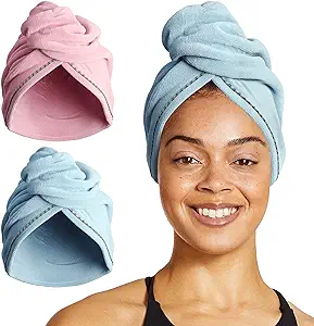 Photo 1 of Eclat Skincare Microfiber Hair Towel Wrap - Bathroom Essential Accessories - Reduce Frizz and Flyaways - Super Absorbent Quick Dry Turban - Adjustable Size - 2 Pack (1 Blue, 1 Pink)