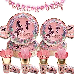 Photo 1 of Baby Shower Decorations for Girl, Pink Rose Gold Baby Shower Decorations Disposable Dinnerware Set (Server 32) with LED Fairy String Lights Paper Plates Cups Napkins,Banner,Plastic Forks Knives Spoons